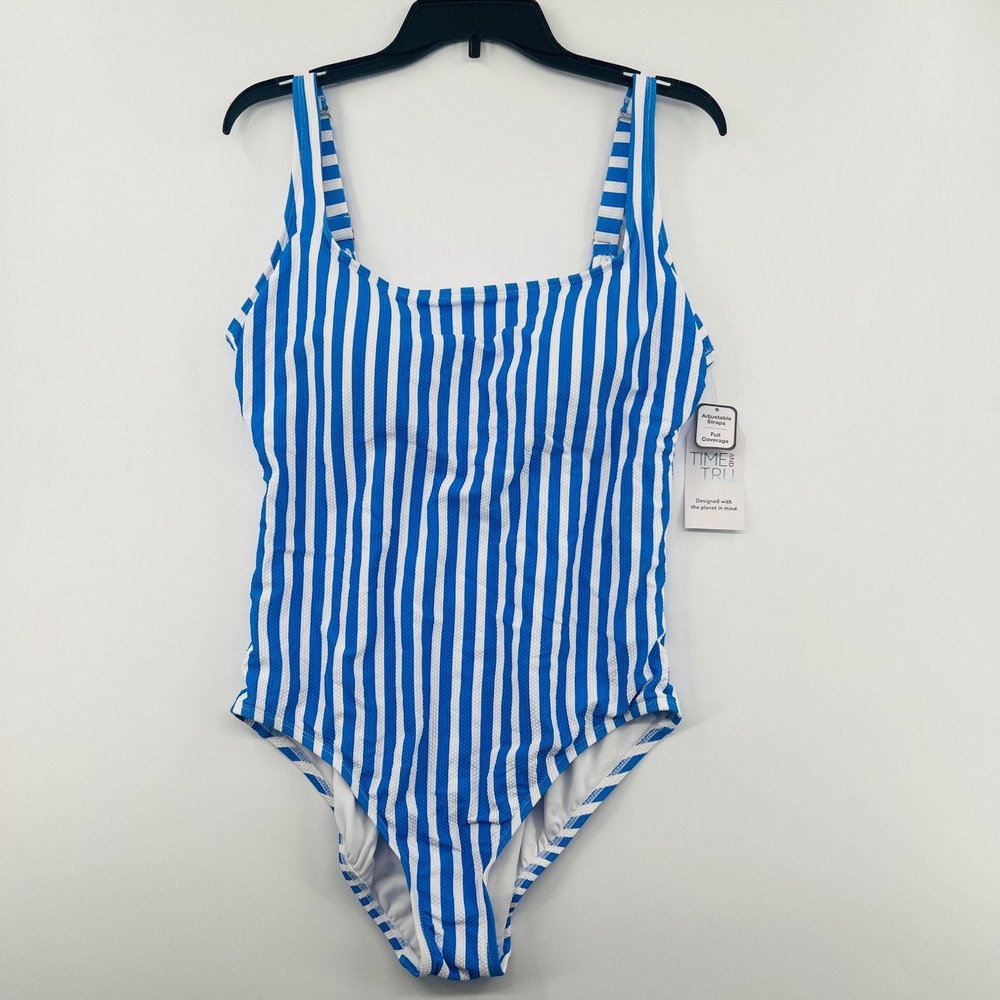 Time and Tru Womens XL Blue White Striped One Piece Swimsuit NWT